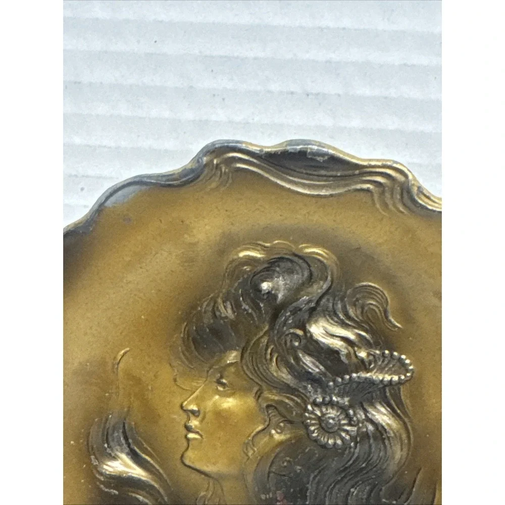 Vintage Art Nouveau Female Portrait Metal Trinket Jewelry Bronze Dish Tray 5
